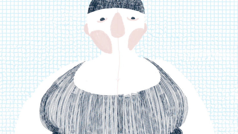 A still from Changing Room by Izzy Argent. An animated woman struggles to get into her swimsuit