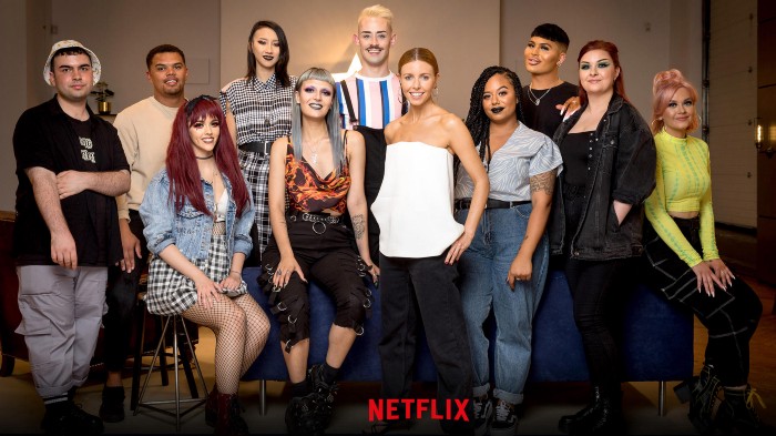 Hannah, centre next to host Stacey Dooley, with the other Glow Up! contestants (Picture courtesy of Netflix)