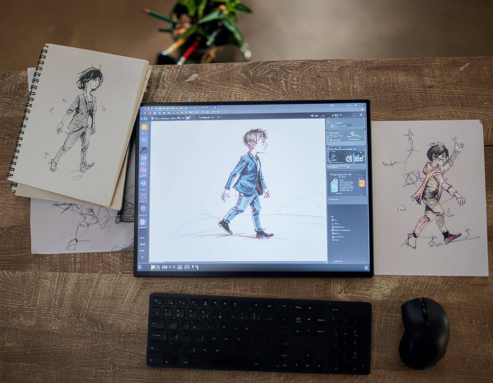 A wooden table with a drawing tablet on top, surrounded by different character sketches on paper.