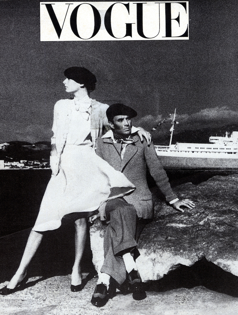 A 1974 black and white cover of Vogue featuring Wendy Dagworthy's designs