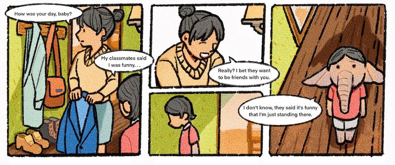 Illustration of a girl talking with her mother about her day at school