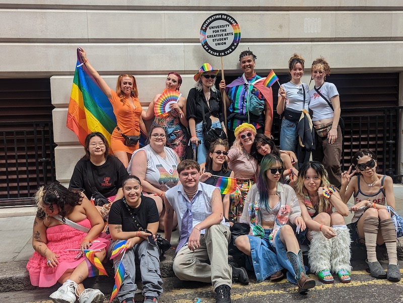 creative design university courses A group of UCA students dressed in the rainbow Pride colours for the Pride parade in London in 2022