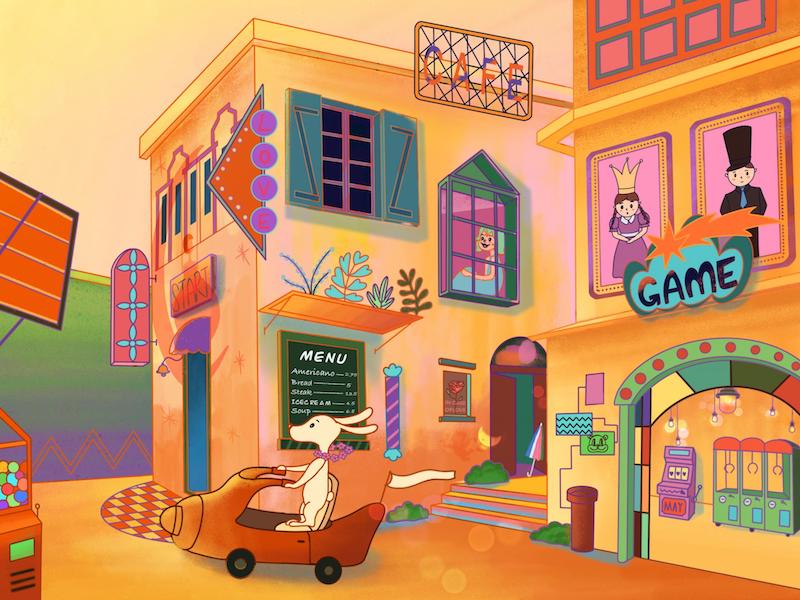 A bright and colourful illustration of a street scene by MA Illustration student Yingjie Xu